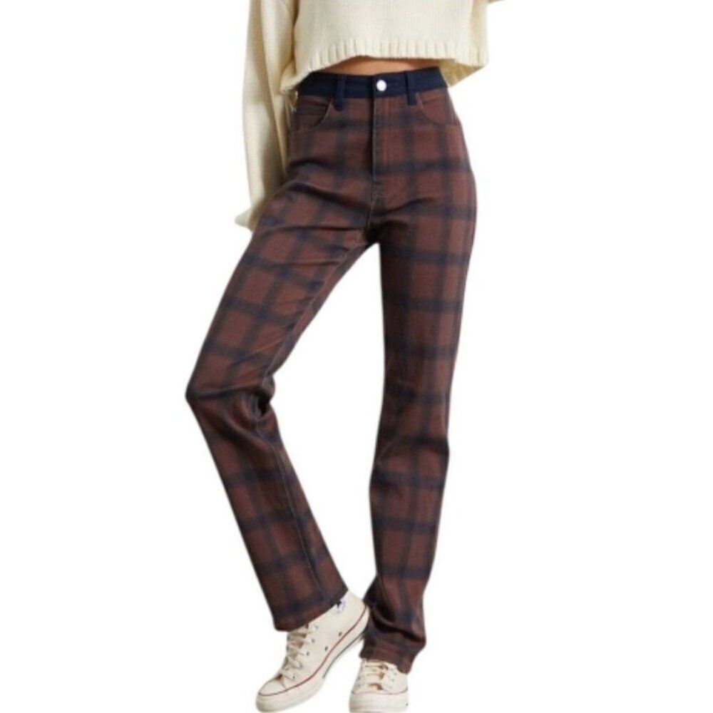 We Wore What Ladies 27 Brown Color Block Icon Jeans Modern Plaid Stretch NWT